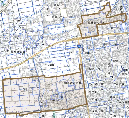 鍋島町大字八戸溝とその周辺の地図。町の範囲を重ねている
