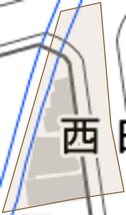 西田代町とその周辺の地図。町の範囲を重ねている