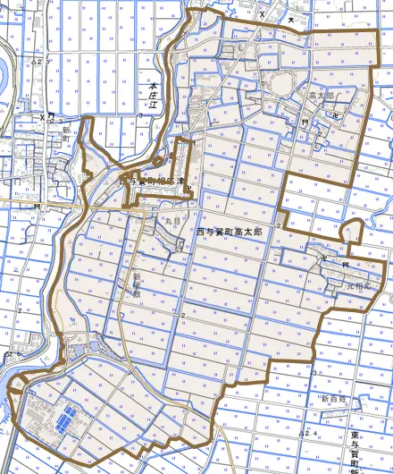 西与賀町大字高太郎とその周辺の地図。町の範囲を重ねている
