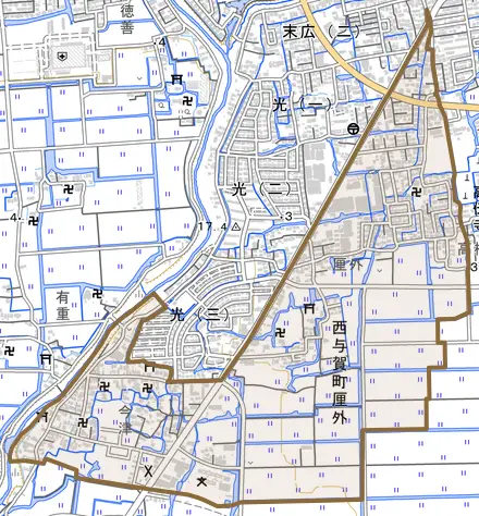 西与賀町大字厘外とその周辺の地図。町の範囲を重ねている