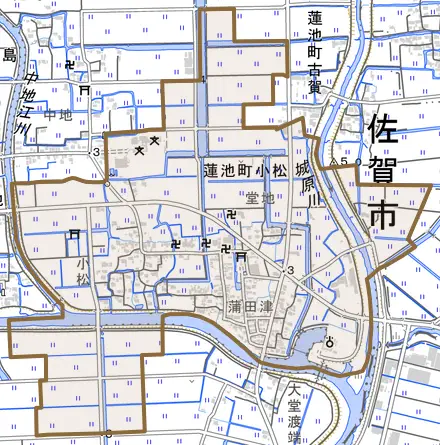 蓮池町大字小松とその周辺の地図。町の範囲を重ねている