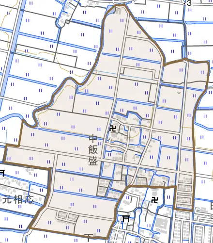 東与賀町大字飯盛とその周辺の地図。町の範囲を重ねている