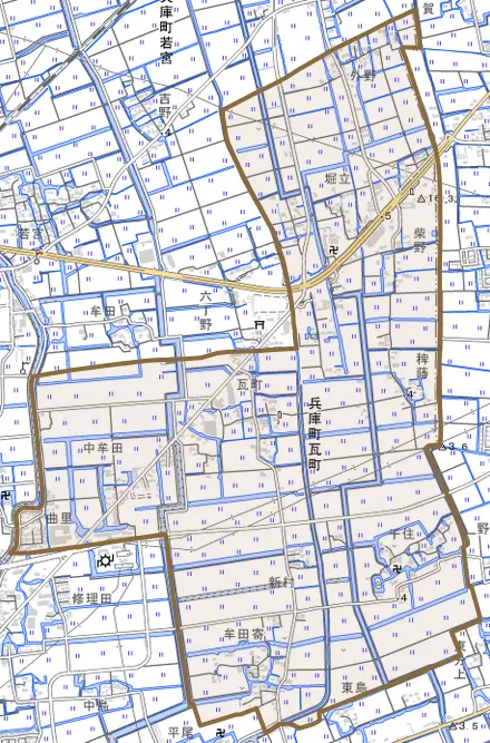 兵庫町大字瓦町とその周辺の地図。町の範囲を重ねている