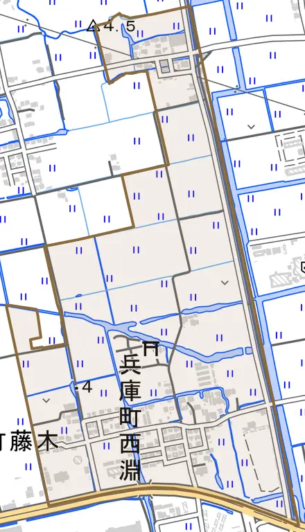 兵庫町大字西渕とその周辺の地図。町の範囲を重ねている