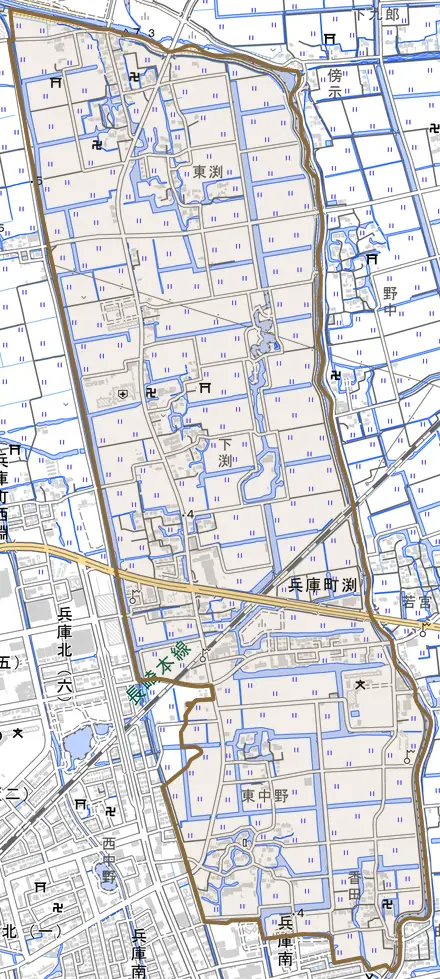 兵庫町大字渕とその周辺の地図。町の範囲を重ねている