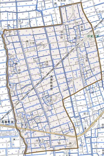 兵庫町大字若宮とその周辺の地図。町の範囲を重ねている