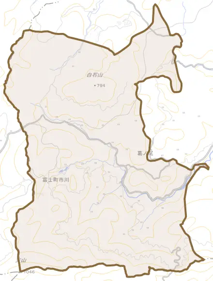 富士町大字市川とその周辺の地図。町の範囲を重ねている