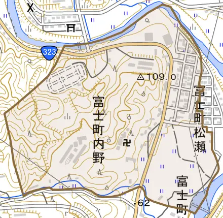 富士町大字内野とその周辺の地図。町の範囲を重ねている