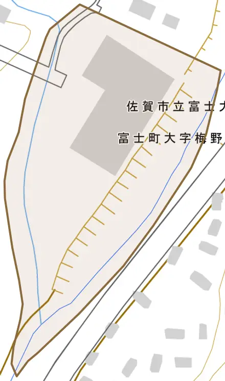 富士町大字梅野とその周辺の地図。町の範囲を重ねている