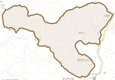 富士町大字上合瀬とその周辺の地図。町の範囲を重ねている