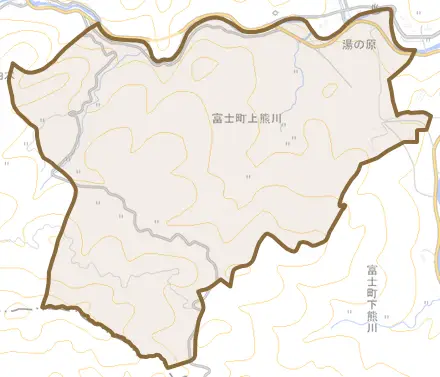 富士町大字上熊川とその周辺の地図。町の範囲を重ねている