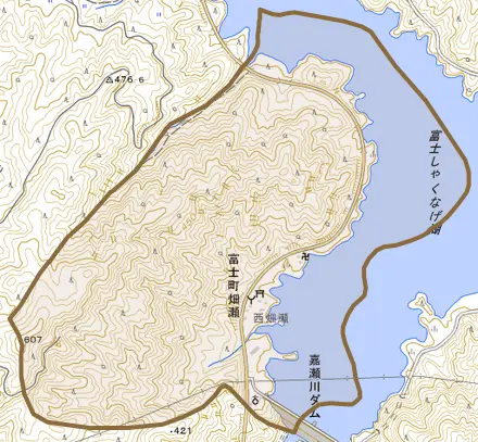 富士町大字畑瀬とその周辺の地図。町の範囲を重ねている