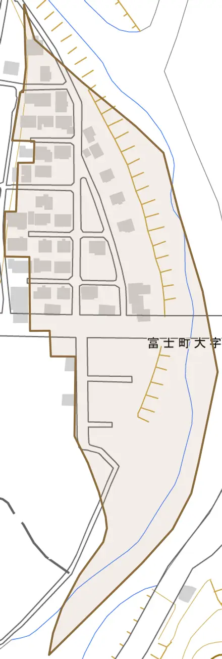 富士町大字松瀬とその周辺の地図。町の範囲を重ねている