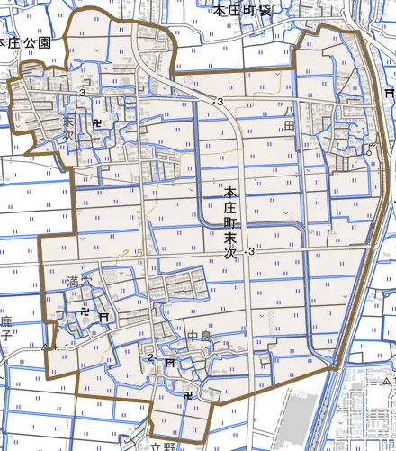本庄町大字末次とその周辺の地図。町の範囲を重ねている