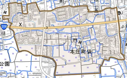 本庄町大字袋とその周辺の地図。町の範囲を重ねている