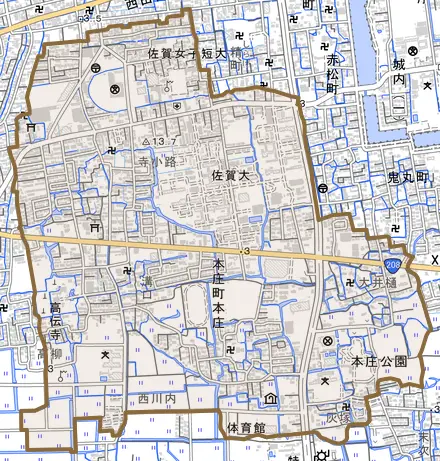 本庄町大字本庄とその周辺の地図。町の範囲を重ねている