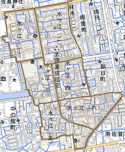 水ヶ江とその周辺の地図。町の範囲を重ねている