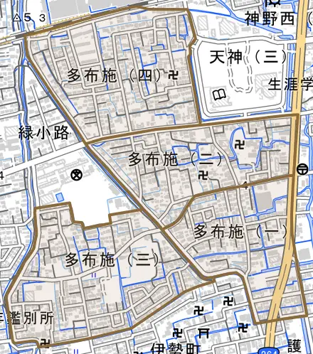 多布施とその周辺の地図。町の範囲を重ねている