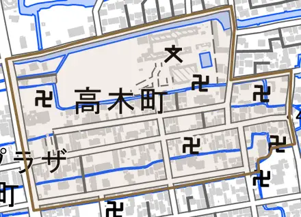 高木町とその周辺の地図。町の範囲を重ねている