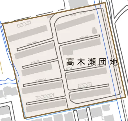 高木瀬団地とその周辺の地図。町の範囲を重ねている