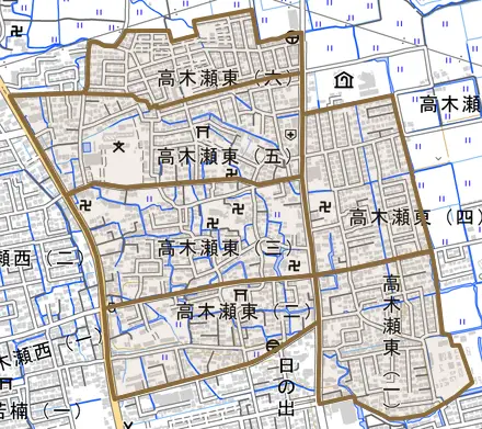 高木瀬東とその周辺の地図。町の範囲を重ねている