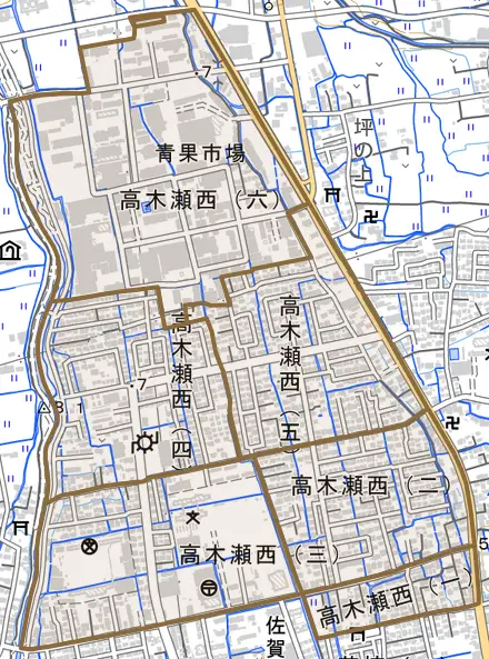 高木瀬西とその周辺の地図。町の範囲を重ねている