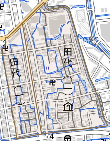 田代とその周辺の地図。町の範囲を重ねている