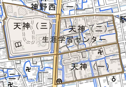 天神とその周辺の地図。町の範囲を重ねている