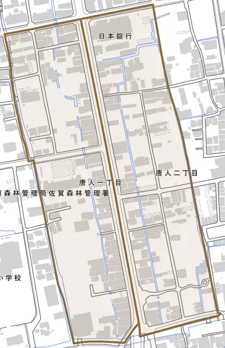 唐人とその周辺の地図。町の範囲を重ねている