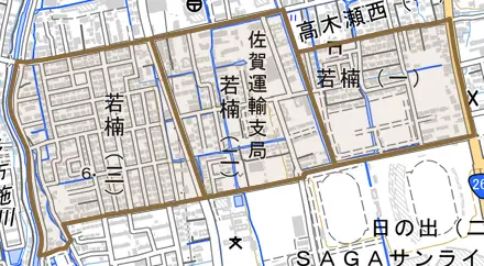 若楠とその周辺の地図。町の範囲を重ねている