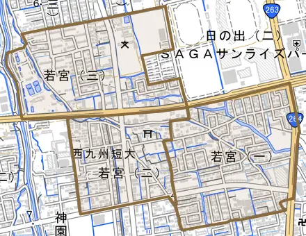 若宮とその周辺の地図。町の範囲を重ねている