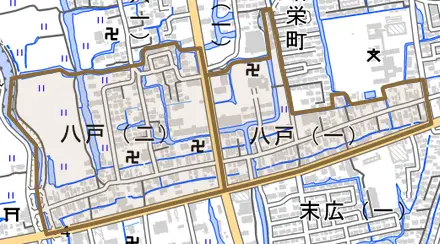 八戸とその周辺の地図。町の範囲を重ねている