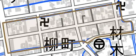 柳町とその周辺の地図。町の範囲を重ねている