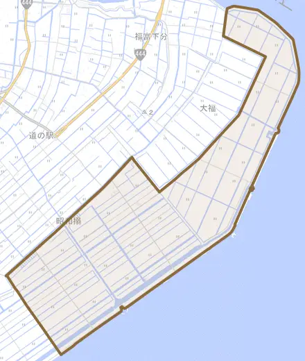 大字八平とその周辺の地図。町の範囲を重ねている
