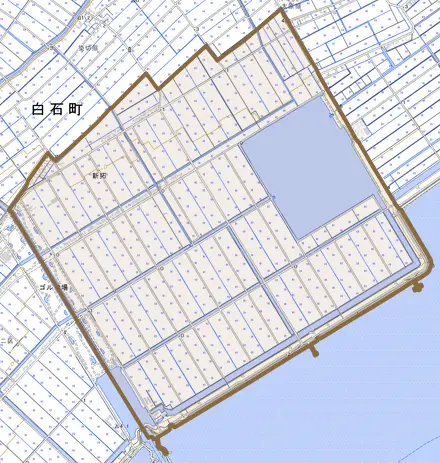 大字新拓とその周辺の地図。町の範囲を重ねている