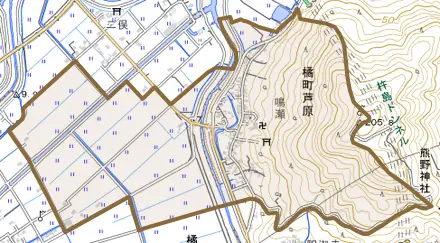 橘町大字芦原とその周辺の地図。町の範囲を重ねている