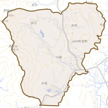 山内町大字宮野とその周辺の地図。町の範囲を重ねている