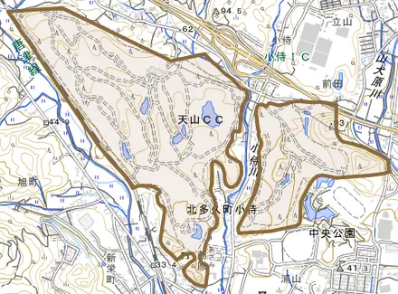 北多久町大字小侍とその周辺の地図。町の範囲を重ねている
