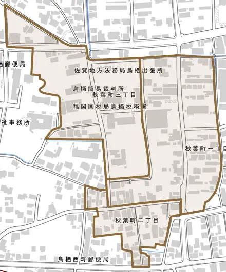 秋葉町とその周辺の地図。町の範囲を重ねている