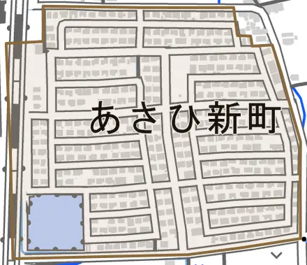 あさひ新町とその周辺の地図。町の範囲を重ねている