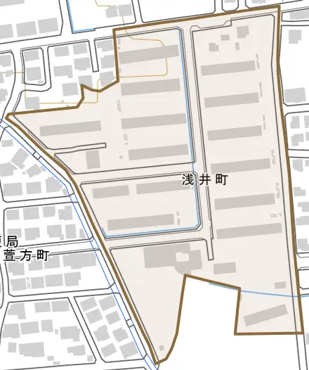 浅井町とその周辺の地図。町の範囲を重ねている