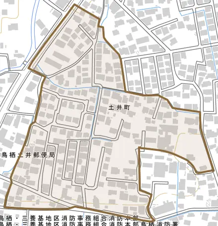 土井町とその周辺の地図。町の範囲を重ねている