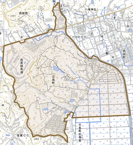 江島町とその周辺の地図。町の範囲を重ねている