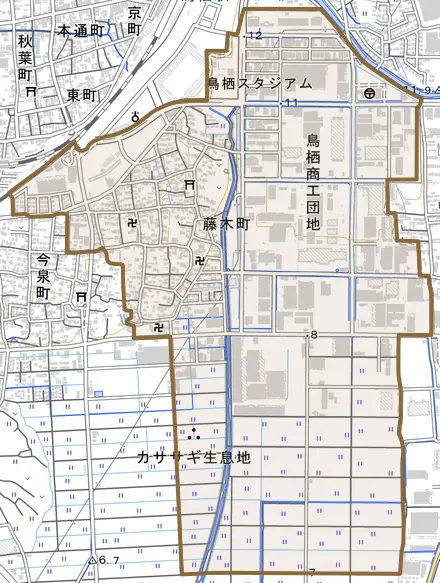 藤木町とその周辺の地図。町の範囲を重ねている