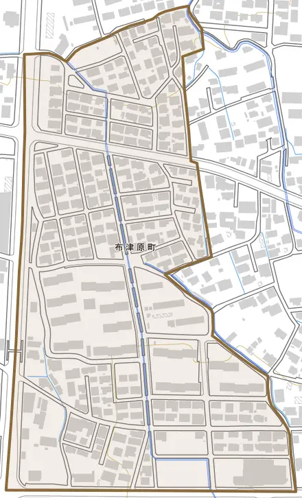 布津原町とその周辺の地図。町の範囲を重ねている
