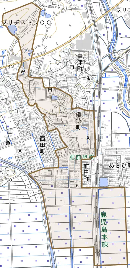 儀徳町とその周辺の地図。町の範囲を重ねている