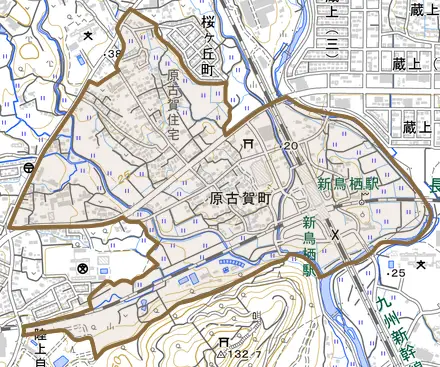 原古賀町とその周辺の地図。町の範囲を重ねている