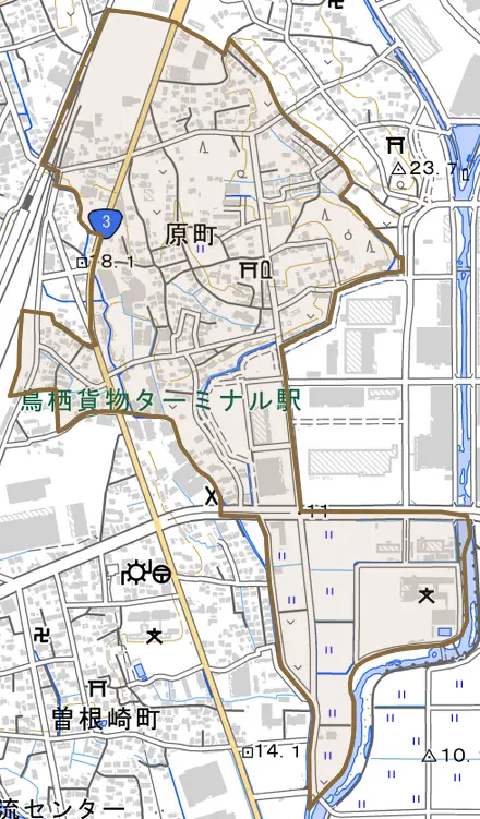 原町とその周辺の地図。町の範囲を重ねている