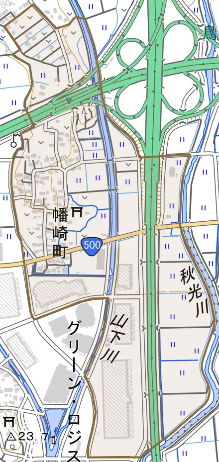 幡崎町とその周辺の地図。町の範囲を重ねている