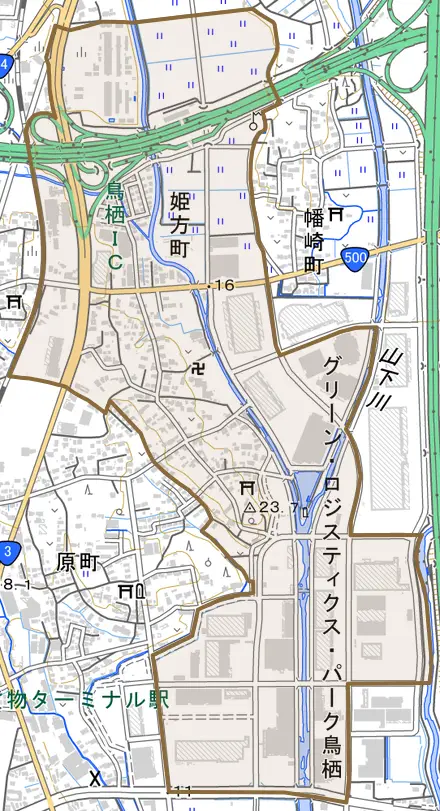 姫方町とその周辺の地図。町の範囲を重ねている